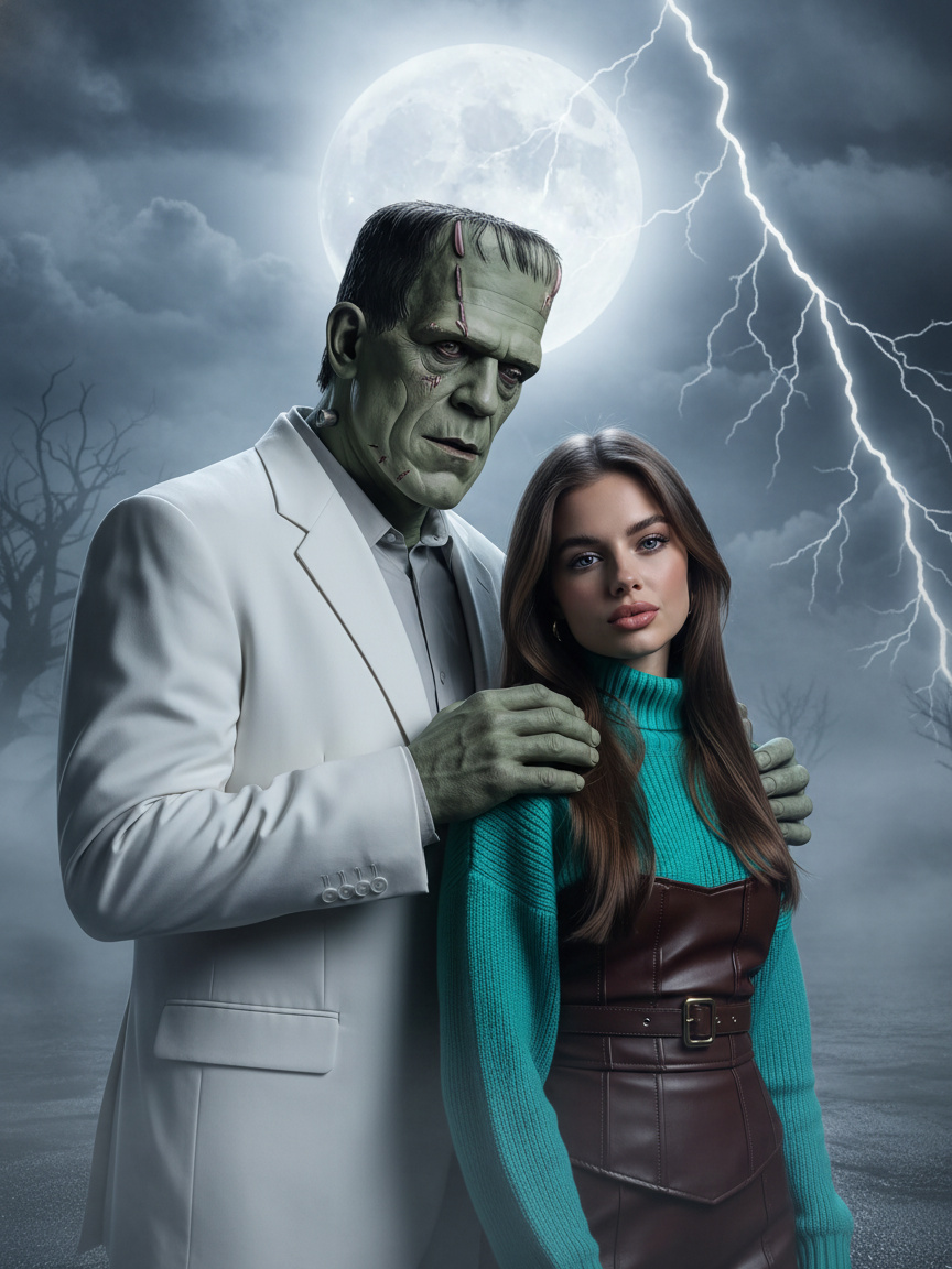 AI generator takes a photo with Frankenstein